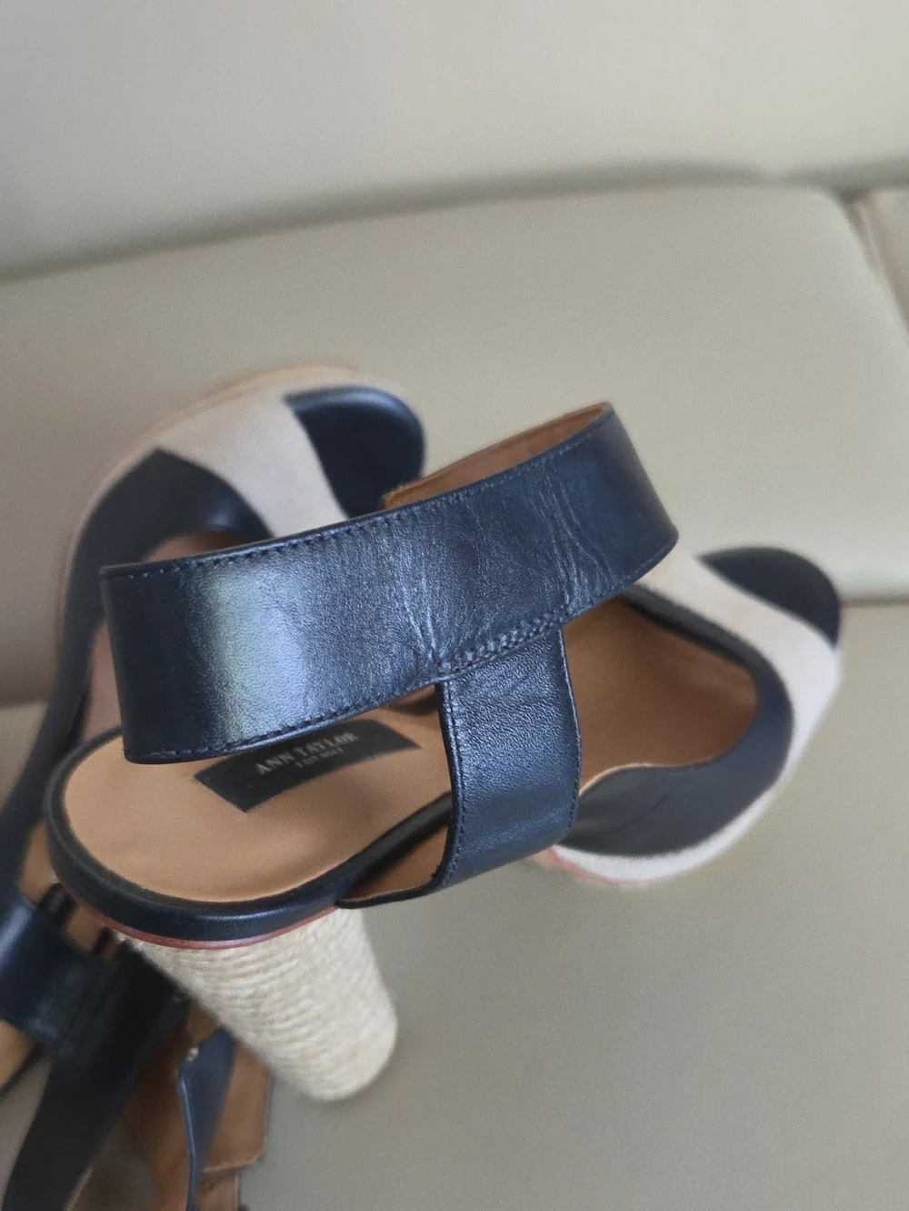 Ann Taylor Blue / Beige Leather and Natural Rope Platform Slingbacks Size 8M